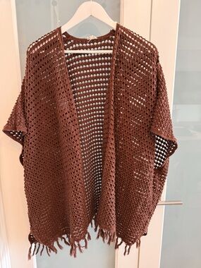 aerie Brown Crochet Fringe Swim Coverup